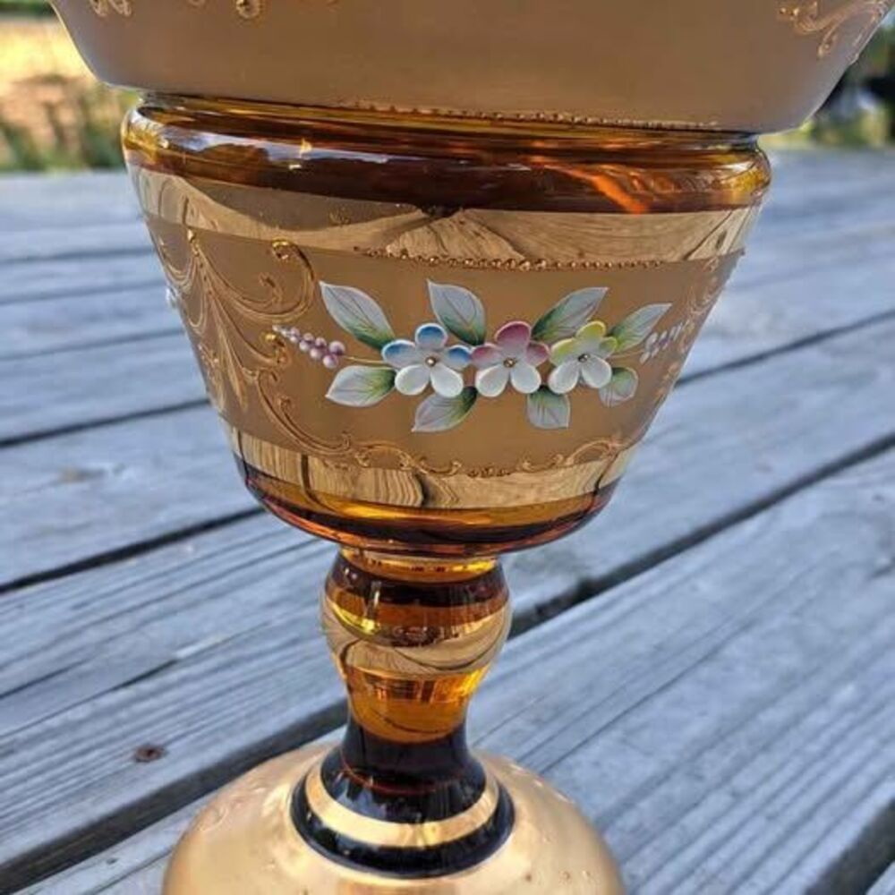 Antique BOHEMIAN Gold Gilt ENAMEL Amber Glass PEDESTAL Candy Jar Dish W/Lid - Picture 3 of 9